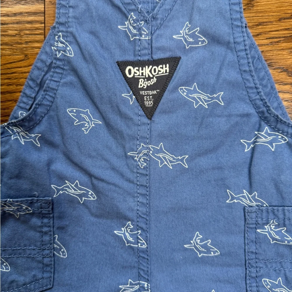 OshKosh B'gosh Kids Blue Cotton Shark Print Shortalls Size 6 Months